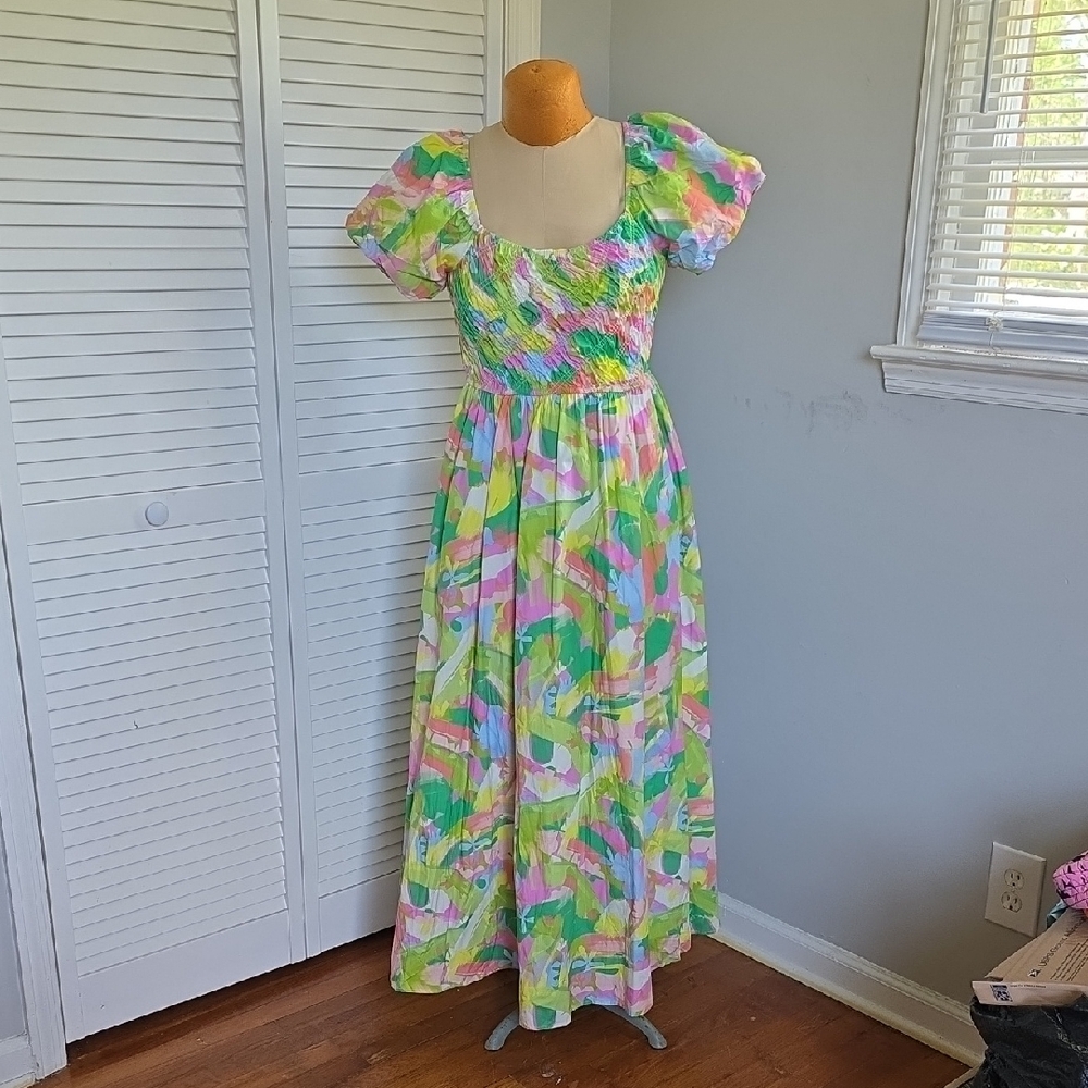 Peach Love California Cotton Smocked Maxi Dress L Colorful Garden Party